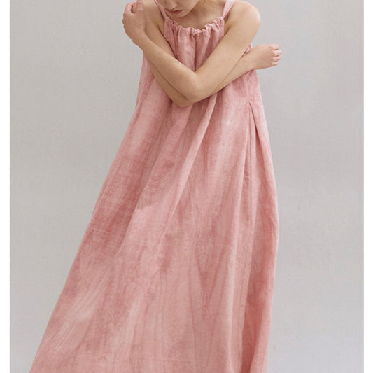 Summer New Plant Dyed Linen Strap Dress Women'S Loose And Slim Large Swing Dress Pleated Sleeveless Shoulder Cut Long Dress