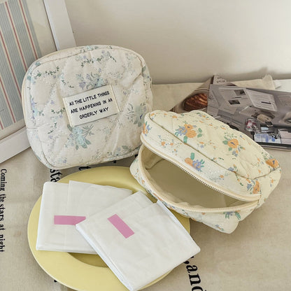Cream Floral Sanitary Pad Storage Bag Portable Makeup Organizer