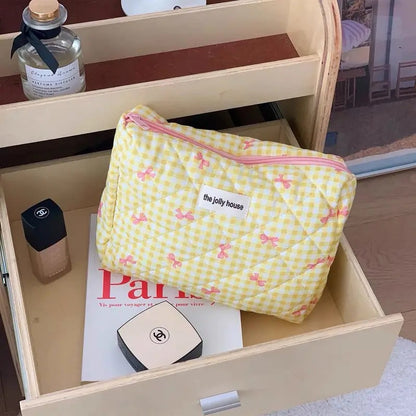 Large Capacity Plaid Bow Cosmetic Bag Retro Style