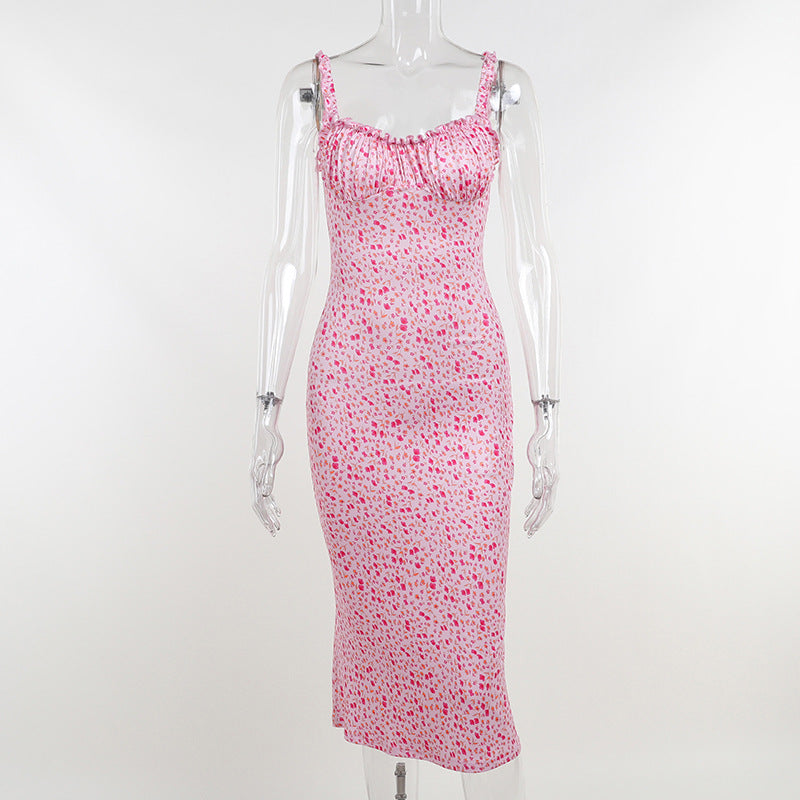 New Summer Fresh Floral Print Deep V Tight Fashion Sling Bag Hip Dress