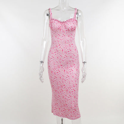 New Summer Fresh Floral Print Deep V Tight Fashion Sling Bag Hip Dress