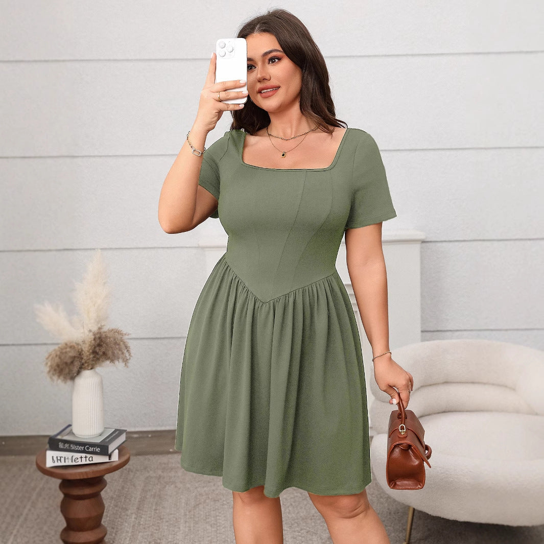 Elegant Plus Size Solid Color Short Sleeve Square Neck Dress