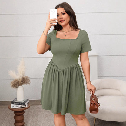 Elegant Plus Size Solid Color Short Sleeve Square Neck Dress