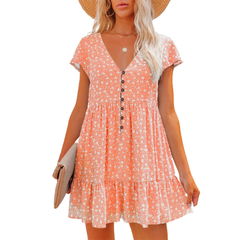 V-Neck Buttons, Small Florals, Short Sleeves, Loose Casual Dress, Women'S Wear