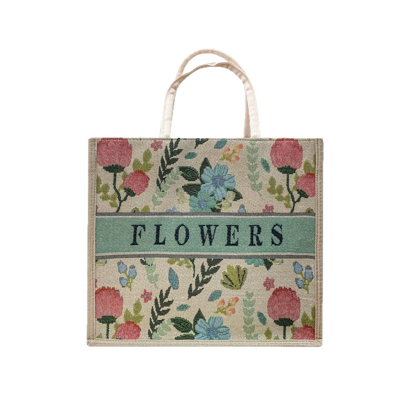 Embroidered Lily Flower Tote Bag Stylish High-Quality Linen Handbag