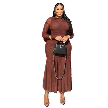 Elegant High Neck Long Sleeve Midi Dress