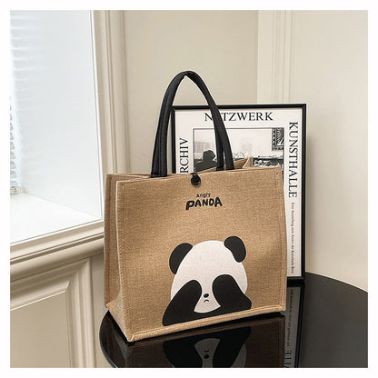 Portable Panda Canvas Tote Bag Cute Retro Shopping Bag