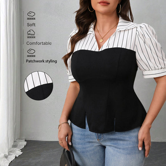 Striped Casual Short Sleeve Top Lightweight Polyester