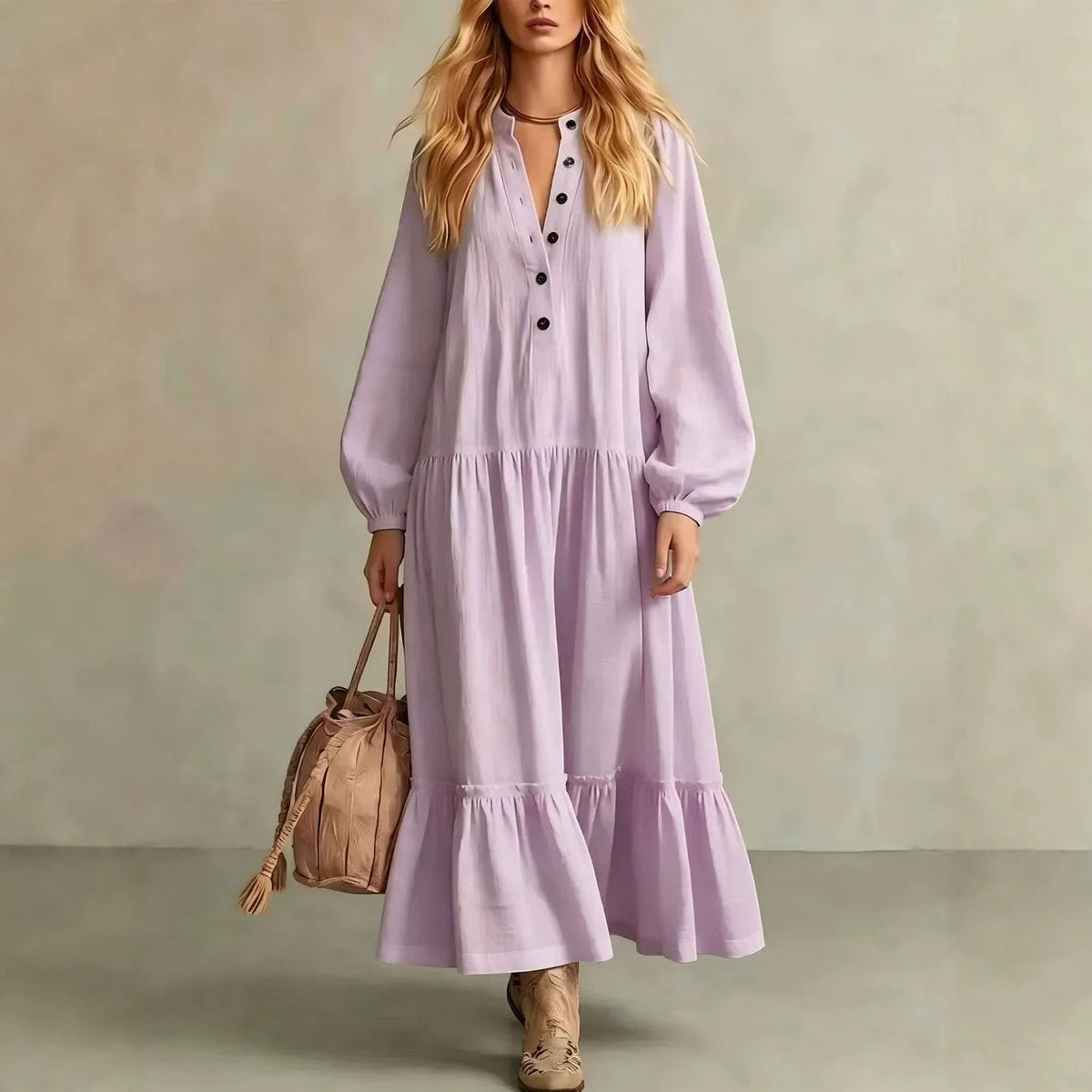 Crinkled Half Button Balloon Sleeve Tiered Ruffle Maxi Dress