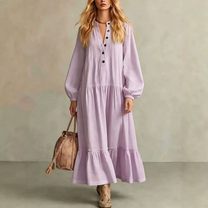 Crinkled Half Button Balloon Sleeve Tiered Ruffle Maxi Dress