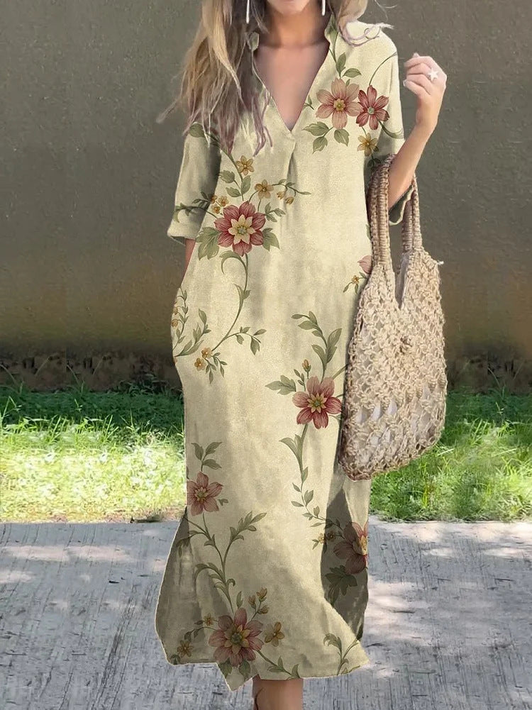New Casual Summer Loose Skirt Slit V-Neck Print Imitation Hemp Dress Cotton