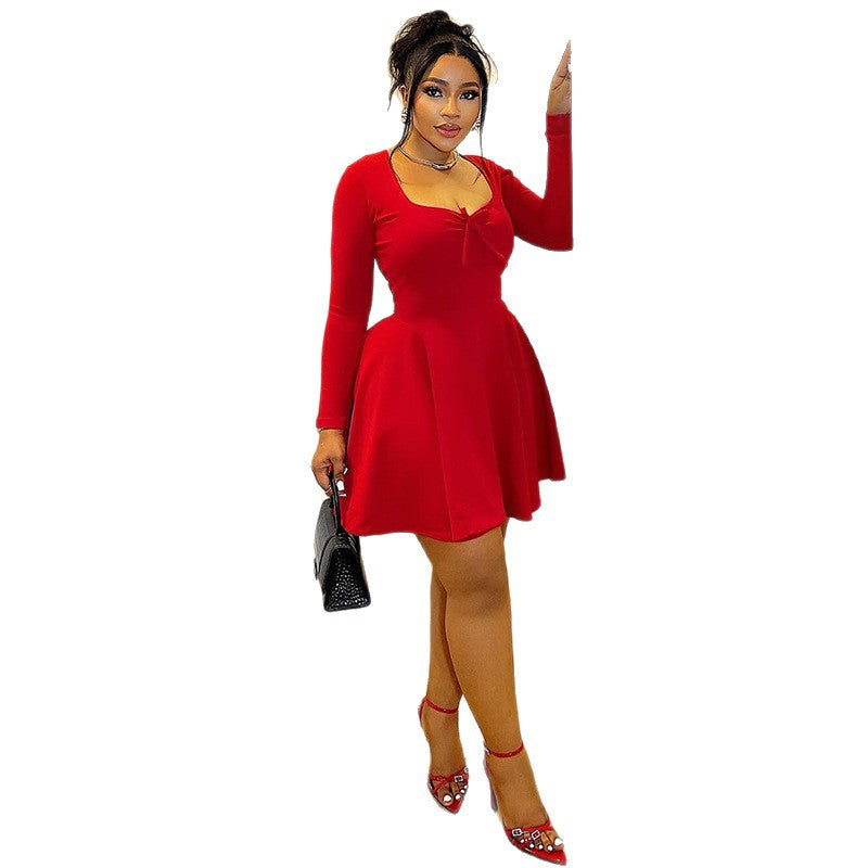 Trendy Casual A-Line Dress Long Sleeve Solid Color