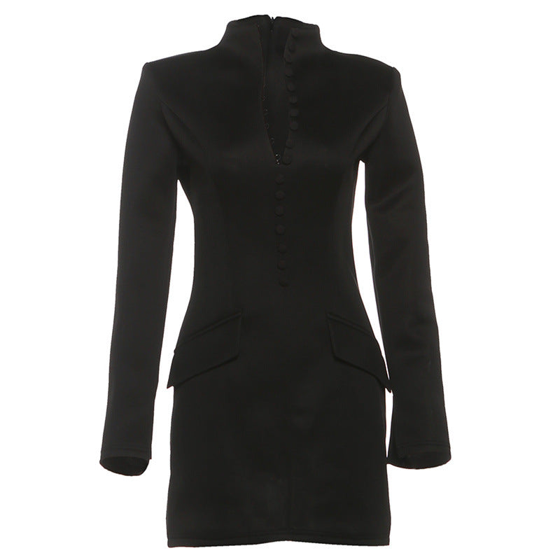 Elegant Fitted Long Sleeve Dress With High Neck