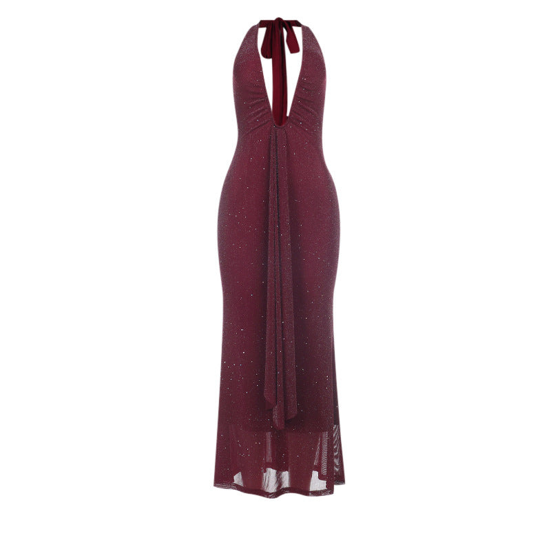 Backless Maxi Dress Sexy Halter Neck Polyester Casual Dress