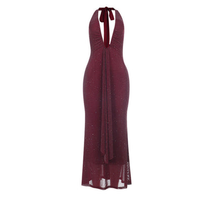 Backless Maxi Dress Sexy Halter Neck Polyester Casual Dress