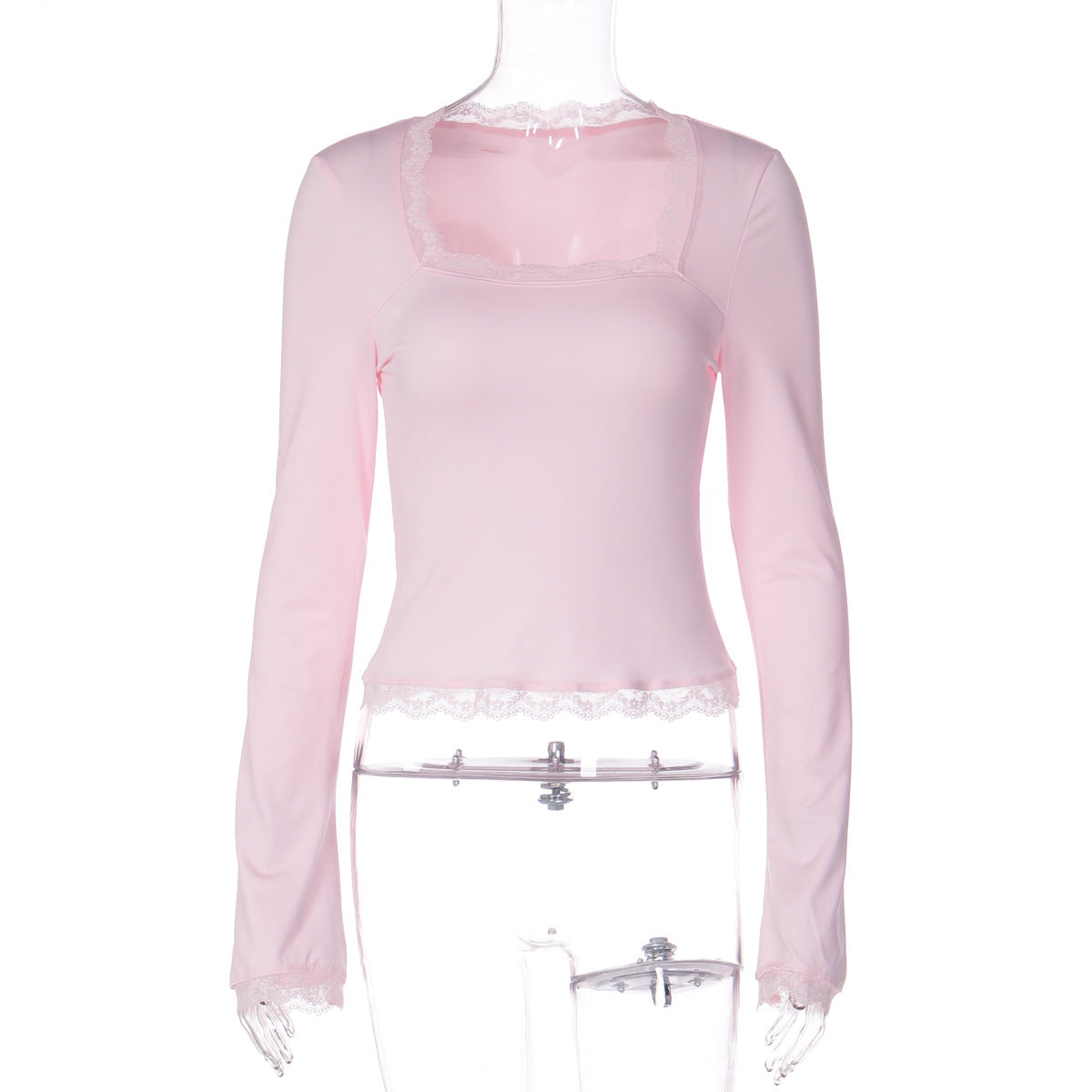Trendy Lace-Trimmed Square Neck Long Sleeve Slim Fit Top