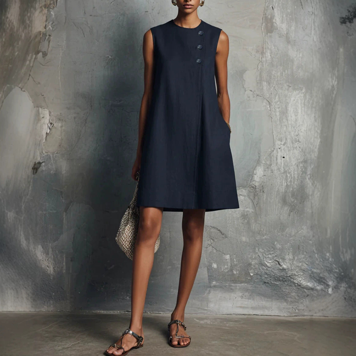 The Sculptural Button Shift Mini Dress