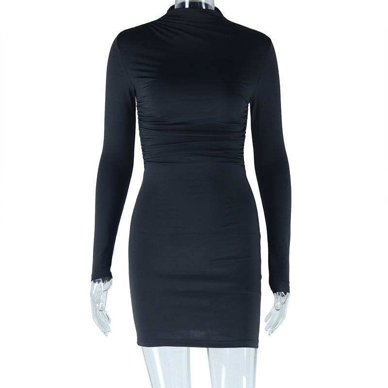 Solid Color Round Neck Long Sleeve Bodycon Dress