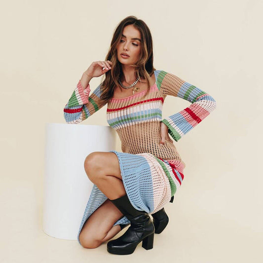 Mid-Length Skirt Women Colorful Contrast Color U-Neck Sexy Hollow Long-Sleeved Knitted Dress Women