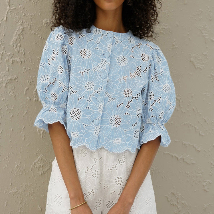 Embroidered Crop Top With Flared Sleeves