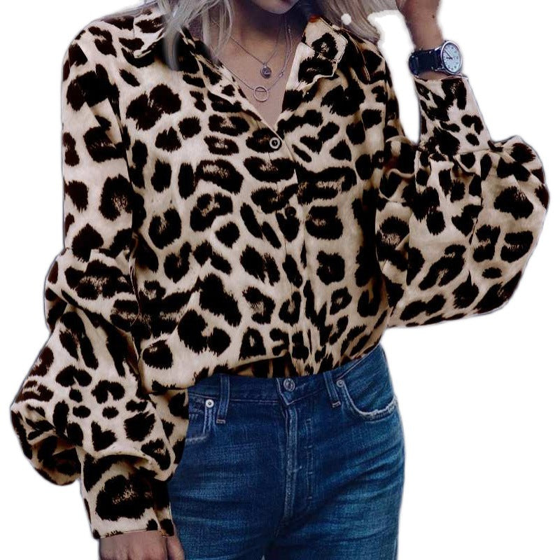 Autumn Winter New Leopard Print Shirt Female Fashion Casual Lapel Bubble Sleeve Top