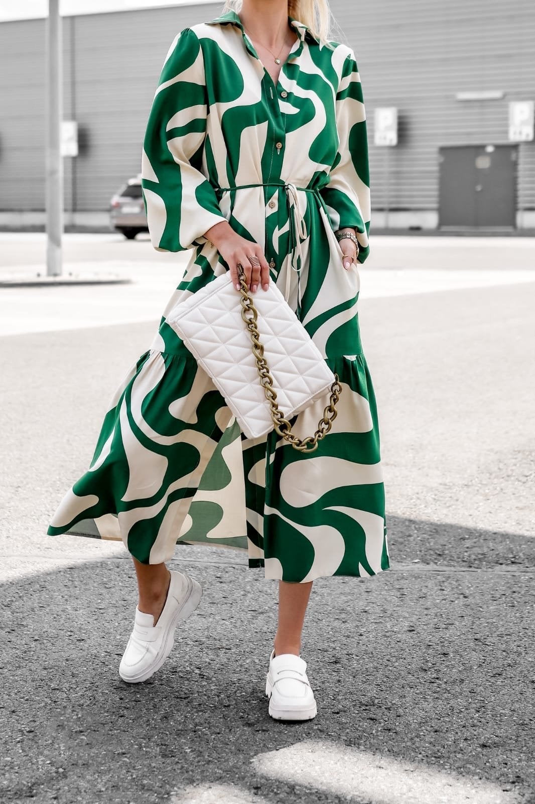 Autumn New Digital Print Lace Up Long Sleeve Shirt Loose Casual Long Dress