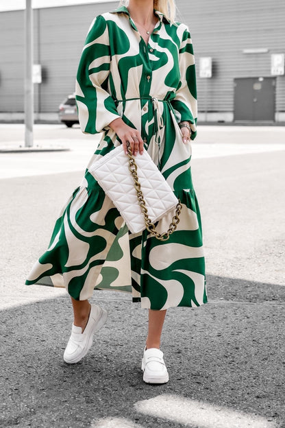 Autumn New Digital Print Lace Up Long Sleeve Shirt Loose Casual Long Dress