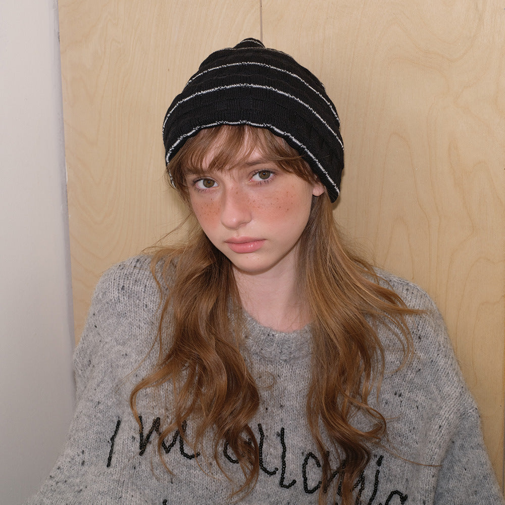 Striped Knit Beanie Hat Soft Wool Blend Casual Winter Hat