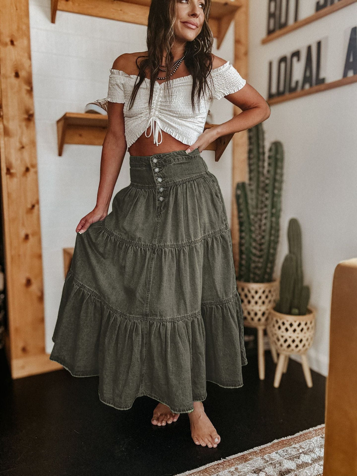 Bohemian A-Line Layered Denim Skirt