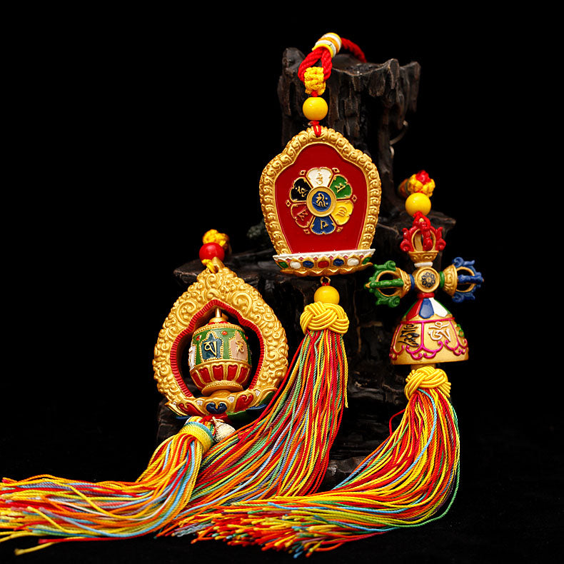 Tibetan Ping'An  Hung With Tantric Ten Phases Free Spinning Drum, Vajra Pestle Car Pendant Room Decor Pendant
