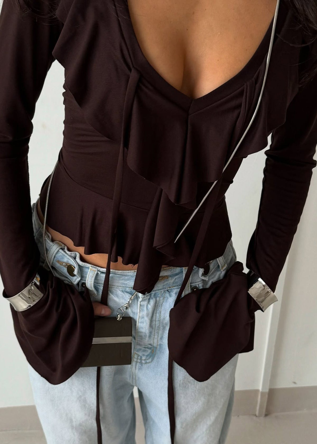 Ruffled Tie Front Long Sleeve Stretch Top