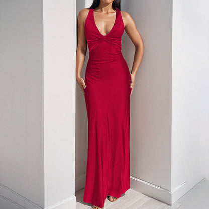 Elegant V-Neck Ruched Bodycon Maxi Dress
