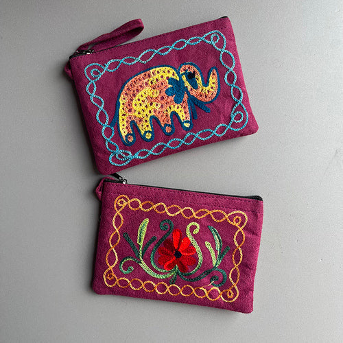 Nepali Hand-Embroidered Suede Ethnic Style Mini Coin Purse Pocket Card Bag Short Fabric Coin Bag