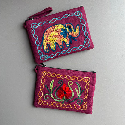 Nepali Hand-Embroidered Suede Ethnic Style Mini Coin Purse Pocket Card Bag Short Fabric Coin Bag