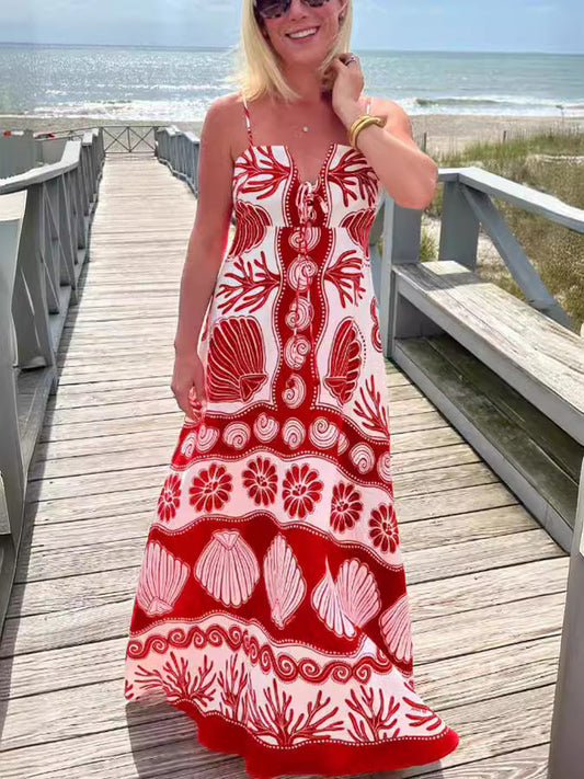 Elegant Floral Print Polyester Maxi Dress with V-Neck
