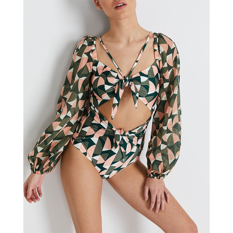 New Open Back Long Sleeved One Piece Swimwear High Waist Lace Up V-Neck Swimwear For Women Bikini