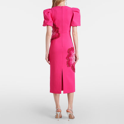 Trendy Beaded Flower Short Sleeve Dress
