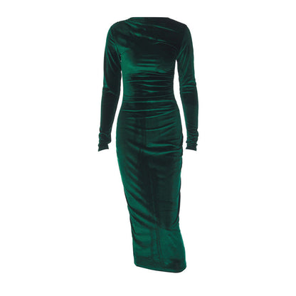 Elegant Solid Color Long Sleeve Dress with Ruching