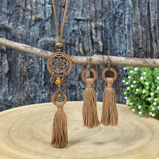 Bohemian Dreamcatcher Tassel Earrings and Wooden Necklace Set