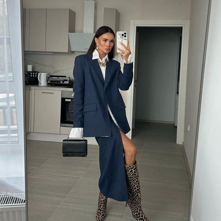 Chic Striped Suit Set Women Long Sleeve Blazer & High Waist Split Skirt