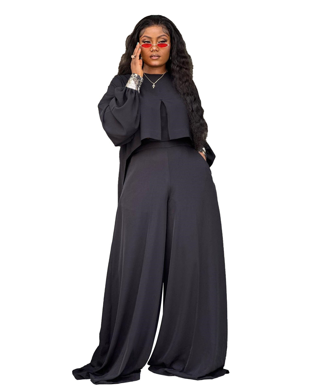 Casual Lantern Sleeve Top And Wide Leg Pants Set