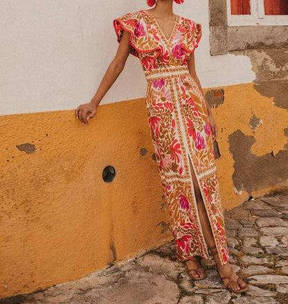 New V-Neck Feifei Sleeve Split Dress High Waist Backless Long Dress Celebrity Style