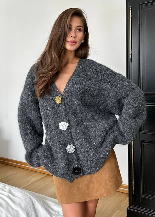 Knit Cardigan With Embellished Statement Buttons