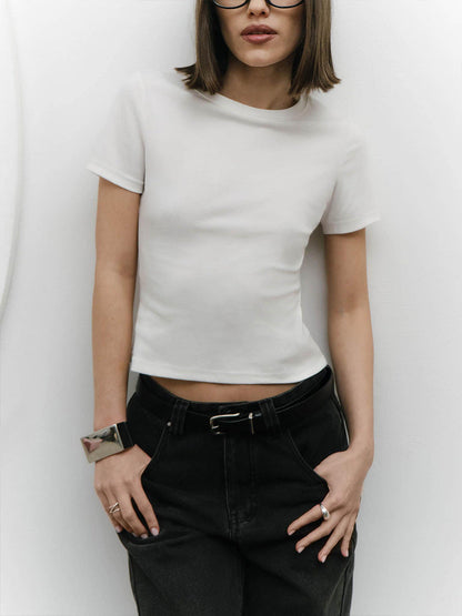 Sexy Crop Tee Solid Color Slim Fit Cotton Top