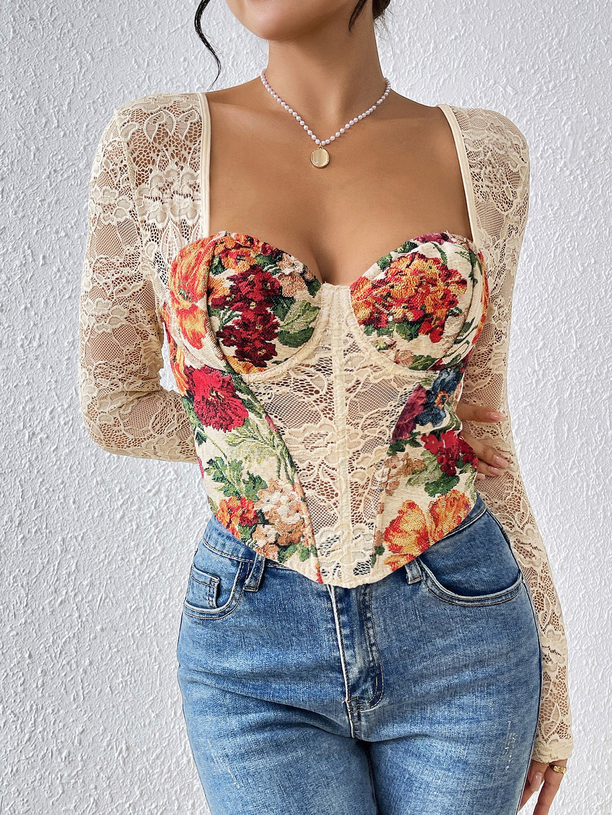 Vintage French Style Sexy Lace Insert Long Sleeve Top