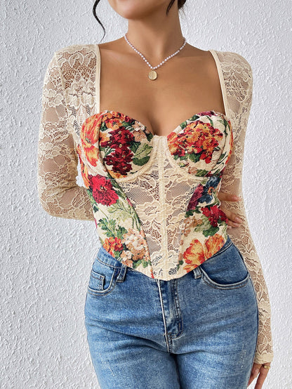 Vintage French Style Sexy Lace Insert Long Sleeve Top