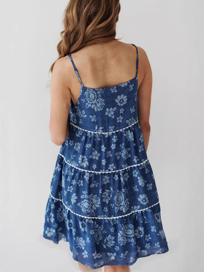 Backless A-Line Denim Dress with Pleats and Pockets