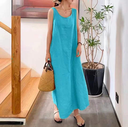 Summer New Cotton And Hemp Simple Style Loose Pocket Round Neck Style Sleeveless Long Sling Dress