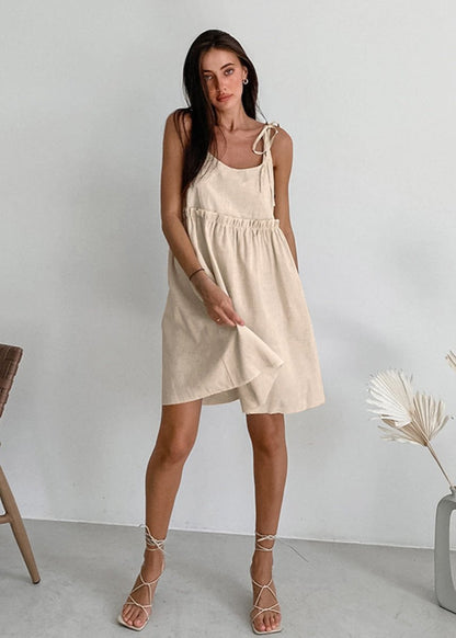 Adjustable Strap Linen Dress With Gathered Waist