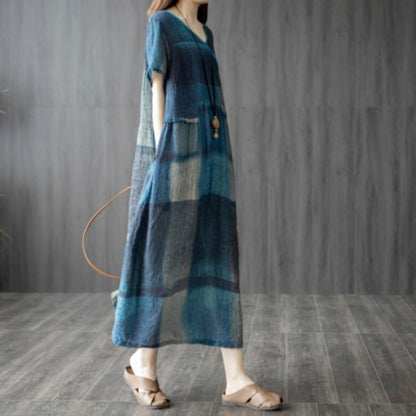 Summer New Literary And Artistic Fan Vintage Loose Plus-Size Women'S Cotton And Linen Panels Plaid Thin Dress